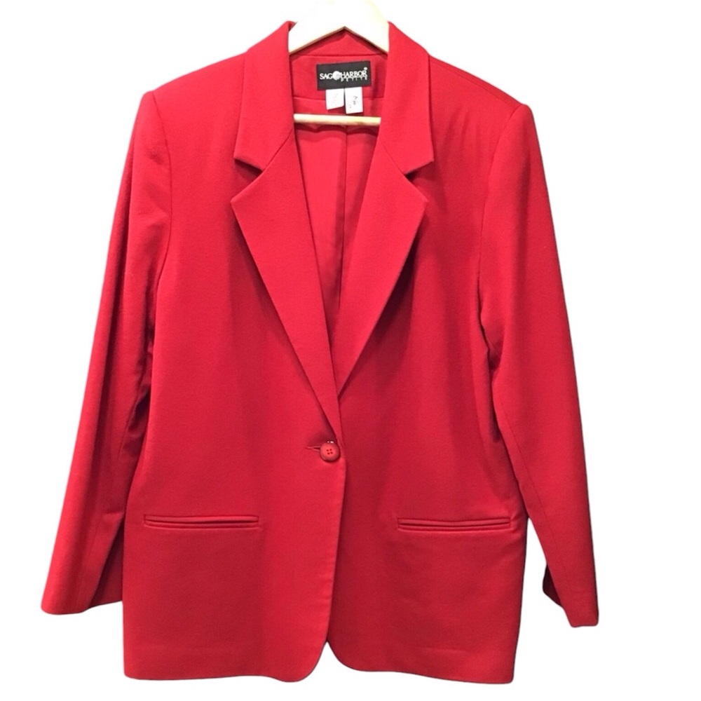 Sag Harbor Womens Wool Blazer Size 14P Single Breasted Shoulder Pads Red Jacket - Picture 15 of 15
